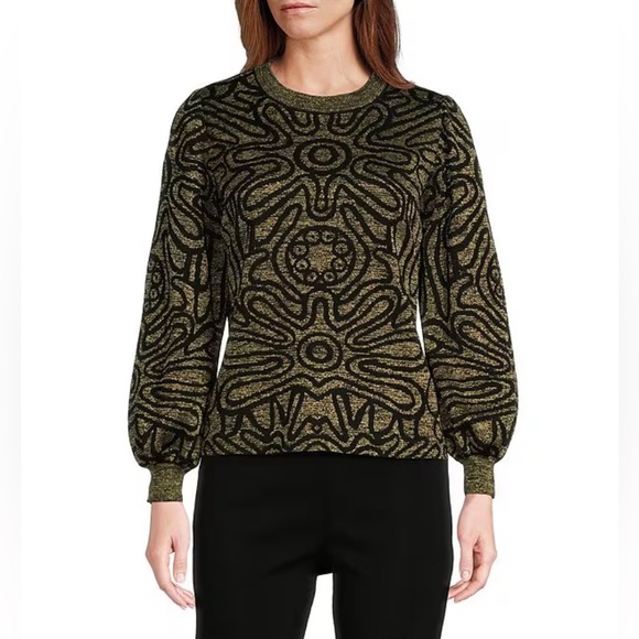 Ming Wang Artsy‎ Luxe Metallic Swirl Abstract Printed Long Balloon Sleeve Top L